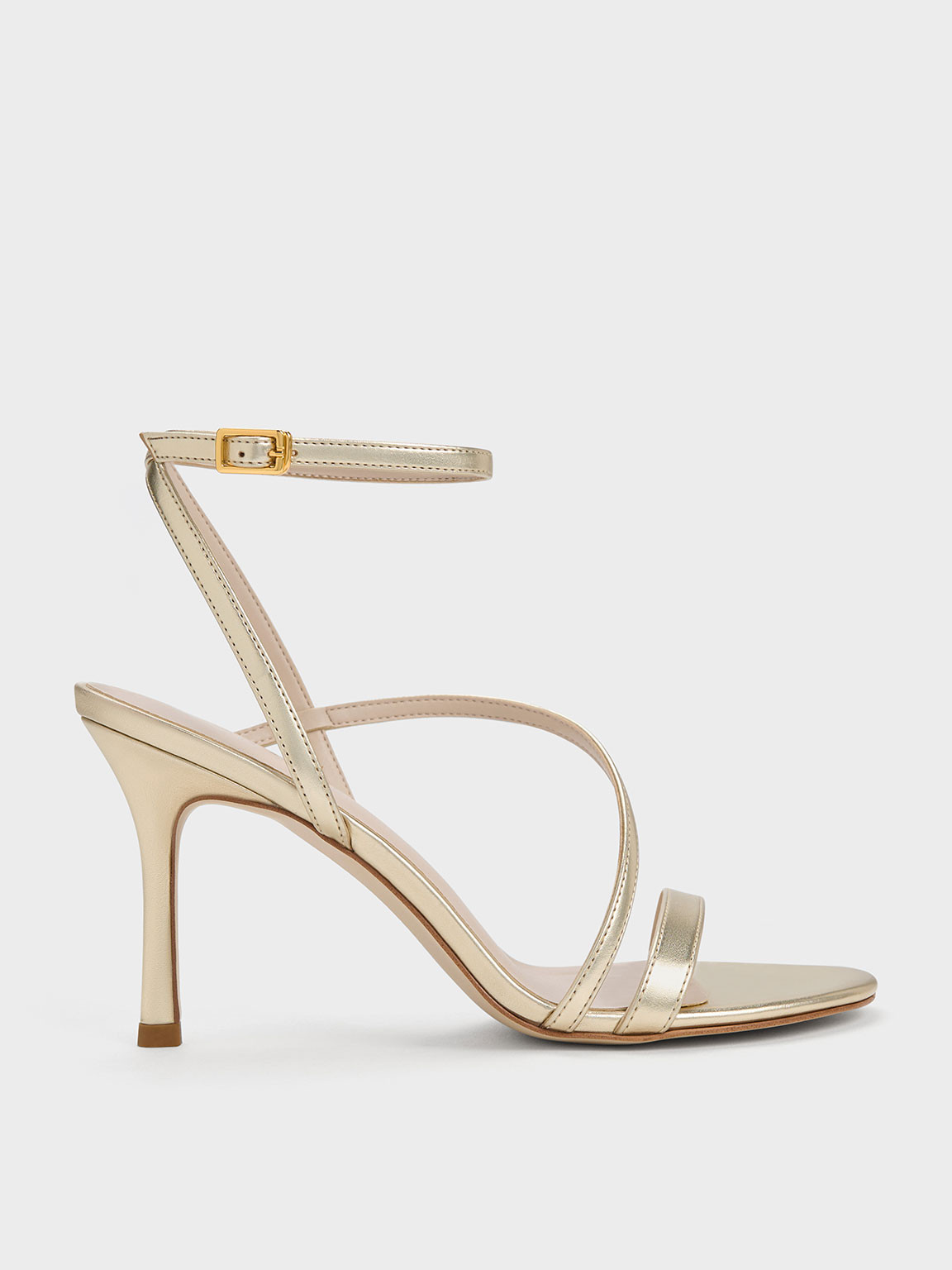 Gold Metallic Asymmetric Strappy Heeled Sandals | CHARLES & KEITH UK | Charles & Keith UK