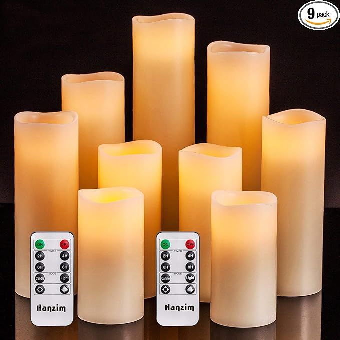 Hanzim Flameless Flickering Battery Operated Candles-Set of 9 Ivory Real Wax Pillar LED Electric ... | Amazon (US)