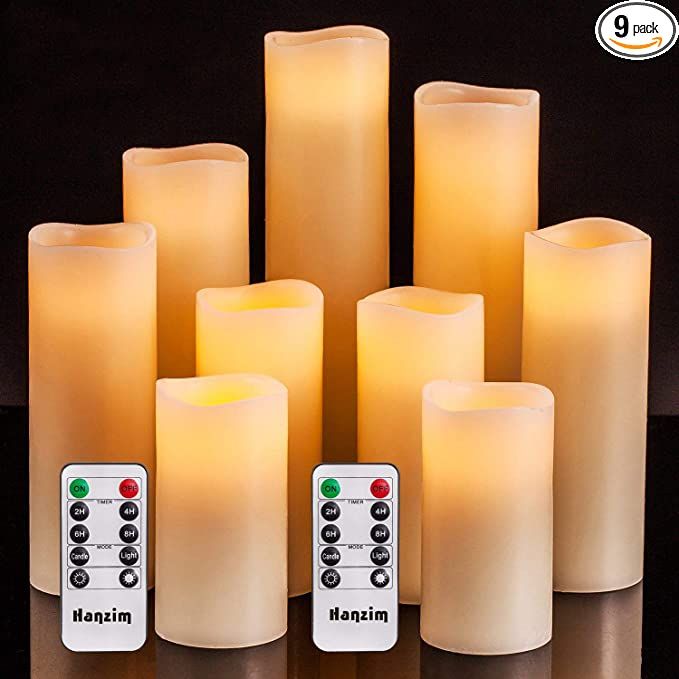 Flameless Flickering Battery Operated Candles 4" 5" 6" 7" 8" 9" Set of 9 Ivory Real Wax Pillar LE... | Amazon (US)