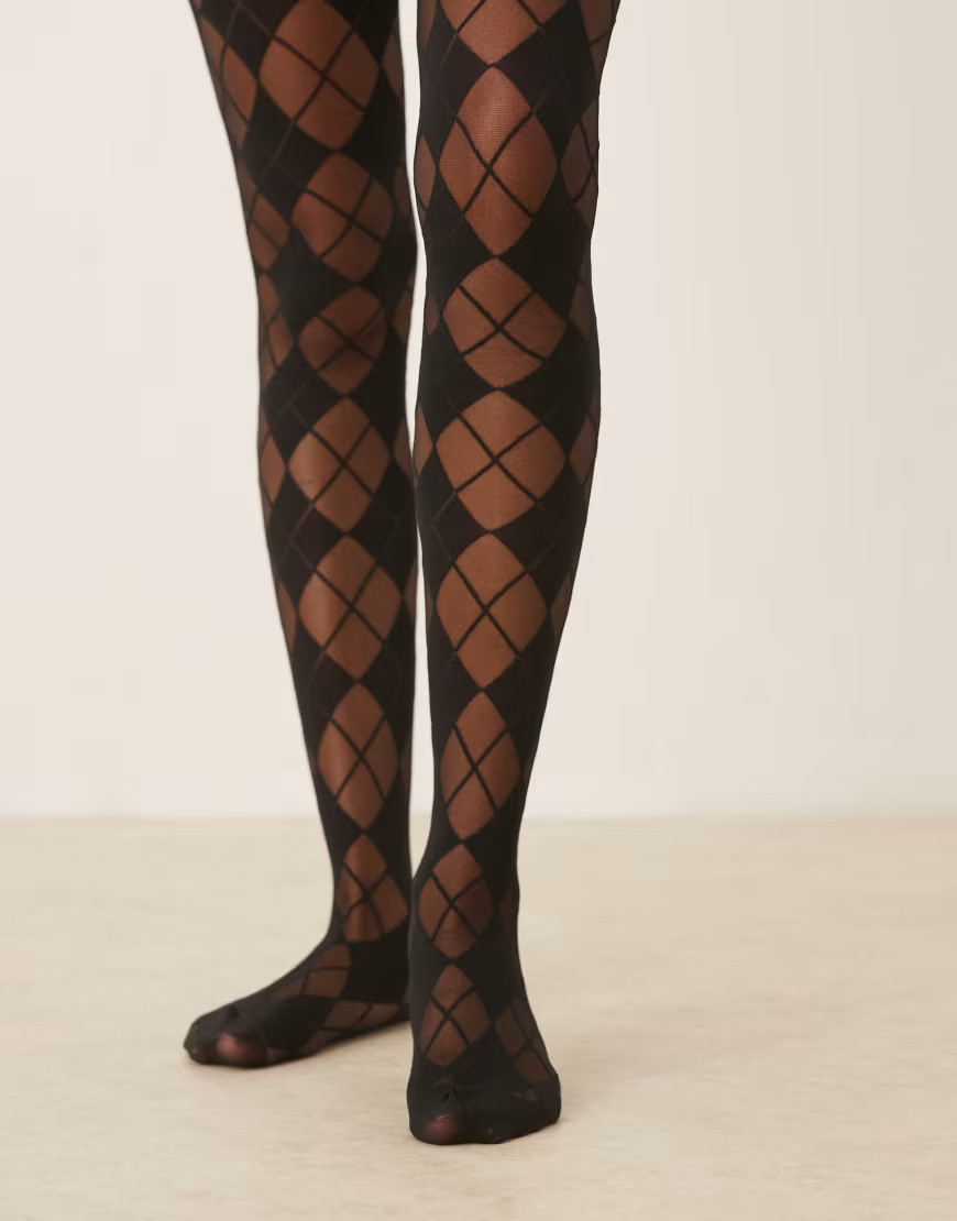ASOS DESIGN argyle check tights in black | ASOS (Global)