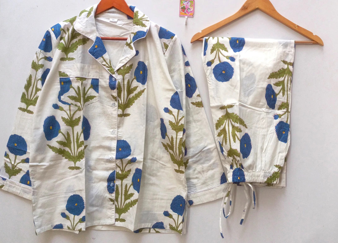 Hand Block Print Pajamas, Floral Pure Cotton Pj's, Pajamas Set ,indian Cotton,night Wear, Soft Co... | Etsy (US)