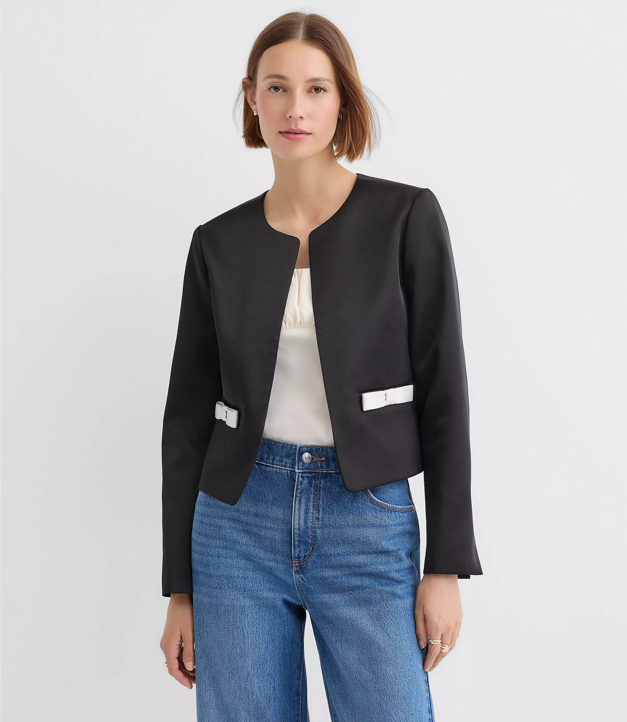 Tall Satin Bow Pocket Collarless Jacket | LOFT