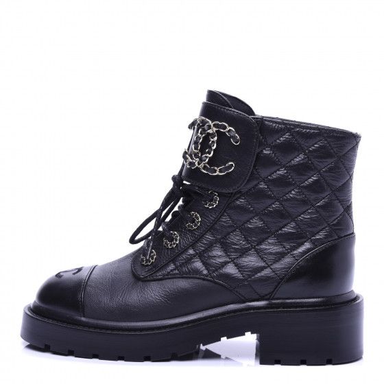 CHANEL

Shiny Goatskin Calfskin Quilted Lace Up Combat Boots 35.5 Black | Fashionphile