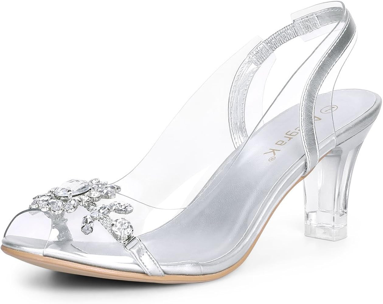 Allegra K Women's Clear Slingback Flower Rhinestone Peep Toe Heels Sandals | Amazon (US)