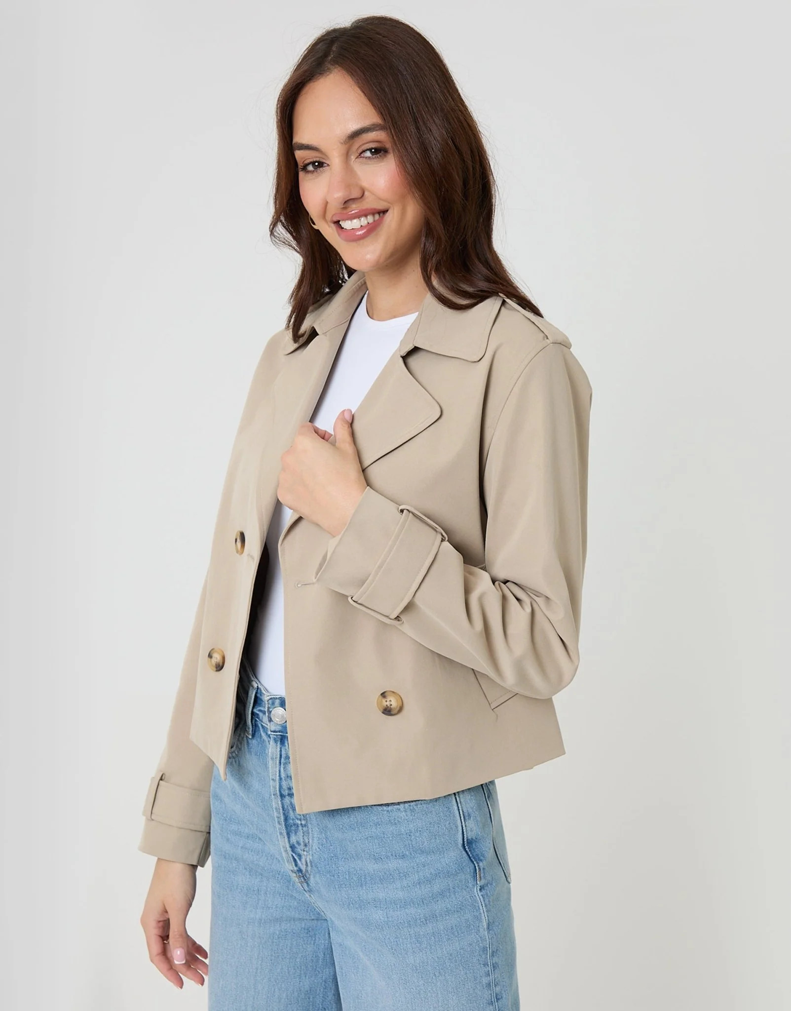 Double Breasted Cropped Trench Coat in Stone | Threadbare UK