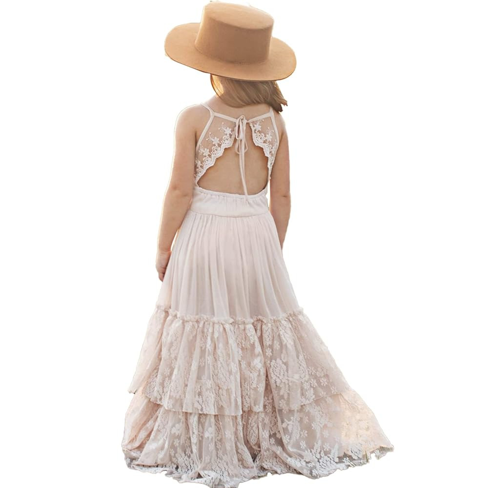 BIBIHOU Girls Kids Lace Back Full-Length Backless Tulle Party Holiday Formal Flower Girl Dress | Amazon (US)