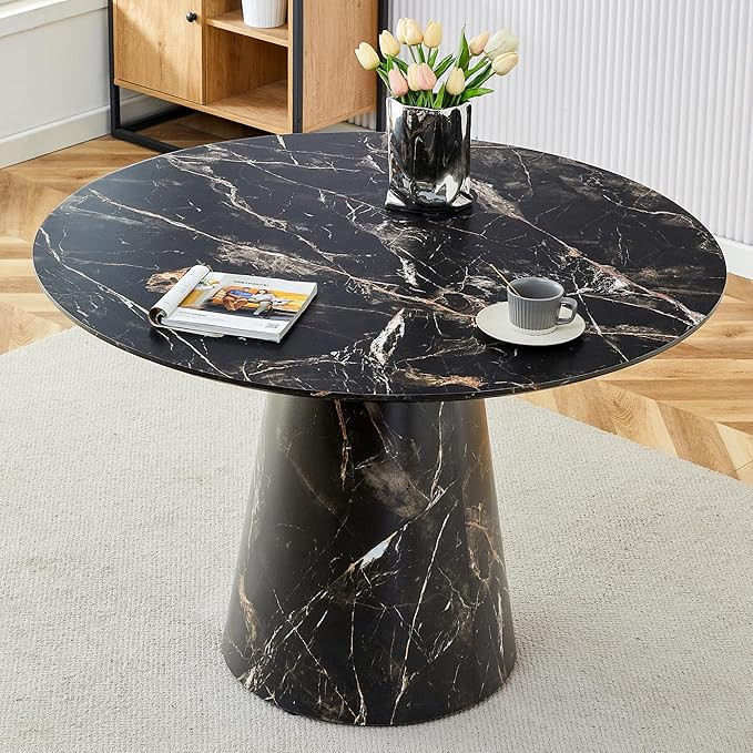45" Round Dining Table,Black Faux Marble Dining Room Table,Round Wooden Dinner Table with Pedesta... | Amazon (US)