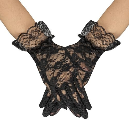 Lace Gloves, Black Lace Gloves Short Sheer Gloves Elegant Bridal Gloves Floral Tea Party Gloves Formal Dance Lace Gloves for Women Dress Costume Accessories Halloween Wedding Opera Cosplay Dinner Prom | Amazon (US)