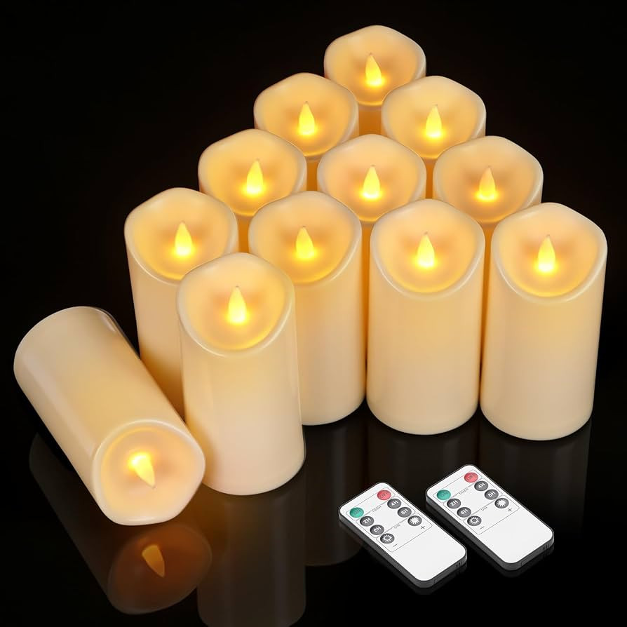 Bulk Set of 12 Outdoor Flameless Candles, Patented 3D Dual-LED Resin Pillars with 2 Remotes, Wate... | Amazon (US)