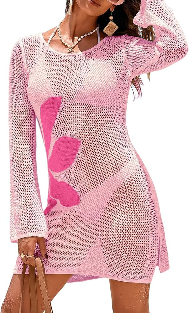 Dokotoo Womens Summer Swimsuit Cover up Crochet Beach Floral Hollow Out Slit Bikini 2026 Long Sle... | Amazon (US)