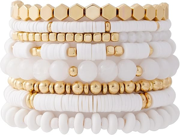 Surfer Heishi Clay Bead Bracelets for Women Bohemian Stackable Gold Plated Beaded Stretch Bracele... | Amazon (US)