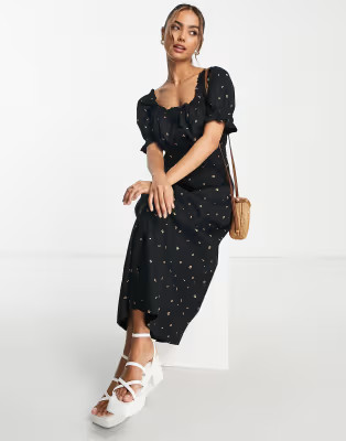 JDY milkmaid midi dress in black cherry print | ASOS | ASOS (Global)