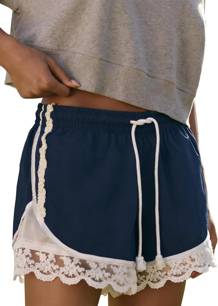 Womens Lace Trim Drawstring Shorts Casual Elasticated Summer Y2K Beach Bottoms Athletic Shorts | Amazon (US)