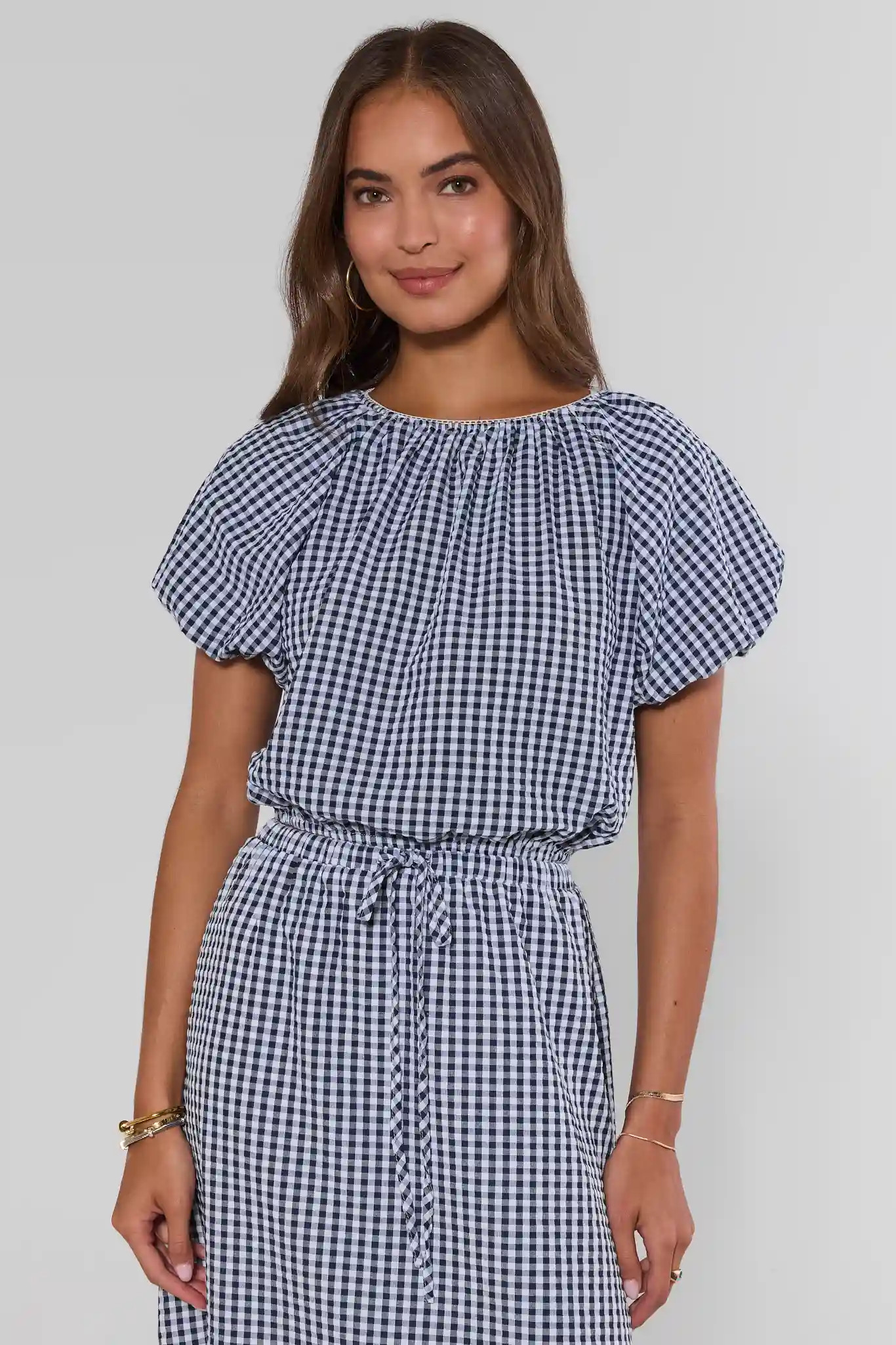 Navy Gingham Puff Sleeve Top | Avara