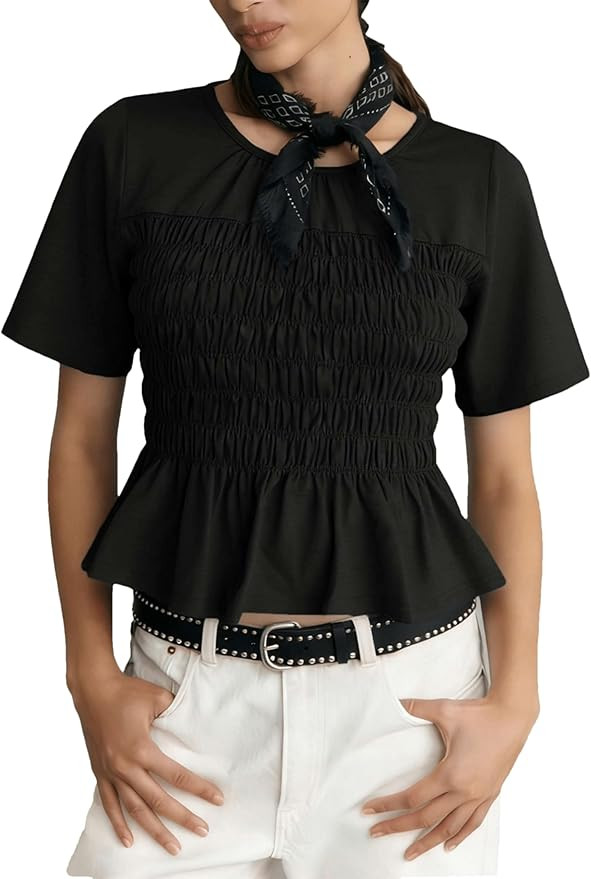 OPCAKM Womens Summer Smocked Shirred Y2K Ruched Babydoll Top Cute Short Sleeve Peplum Blouse Flow... | Amazon (US)
