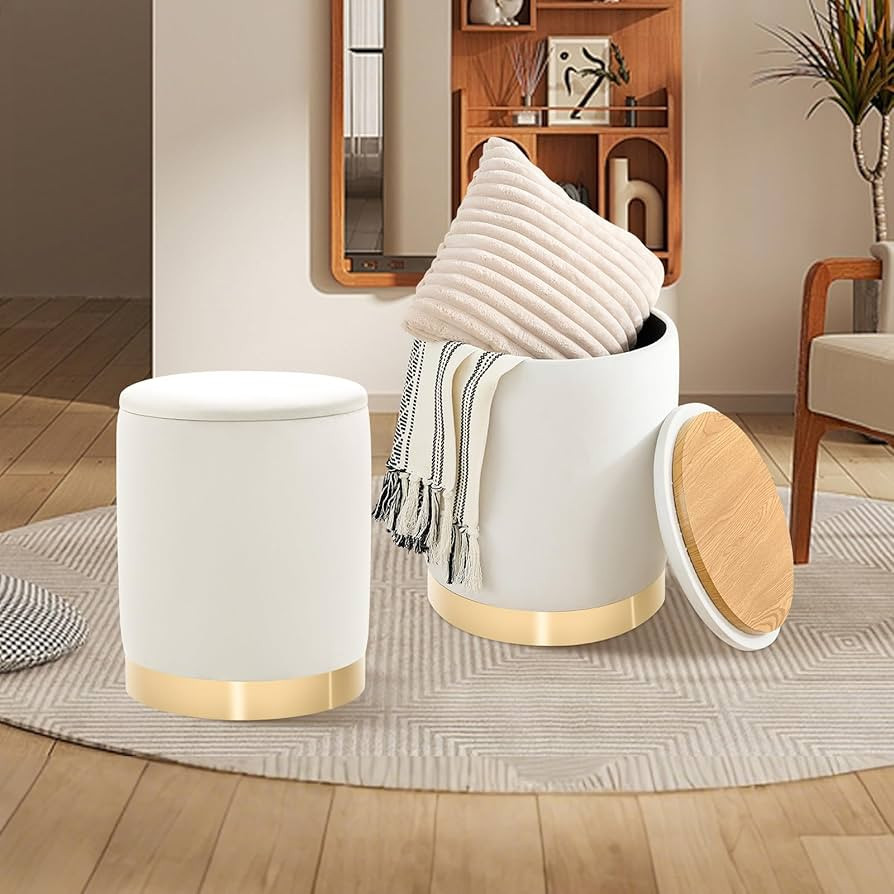 Round Ottoman with Storage Set of 2, Upholstered Velvet Storage Ottomans, Vanity Stool, Multifunc... | Amazon (US)