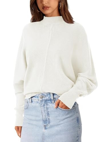 PRETTYGARDEN Fall Fashion 2024 Oversized Mock Neck Long Sleeve Batwing Sweaters for Women Casual Loose Ribbed Knit Tops(White,Small) | Amazon (US)