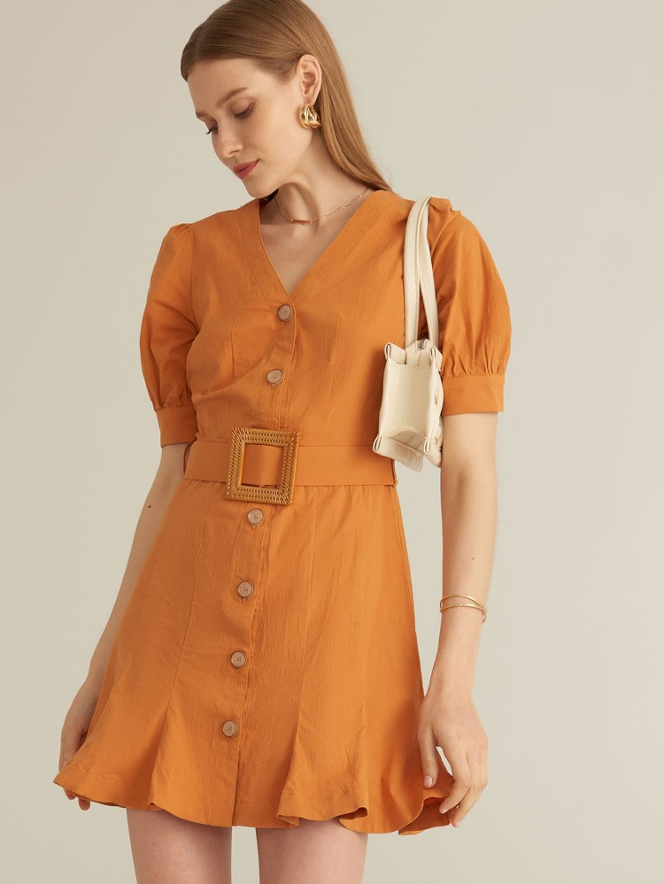 SHEIN Premium Button Front Buckle Belted Dress | SHEIN