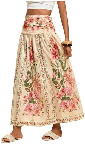 Verdusa Women's Boho Floral Print Maxi Skirt Shirred High Waisted A Line Flowy Long Skirts | Amazon (US)