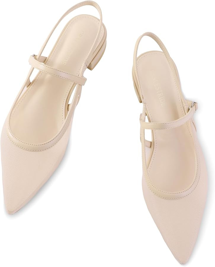 Slingback Flats for Women Mesh Gauze Pointed Toe Low Heels with Buckle Ankle Strap Dress Shoes | Amazon (US)
