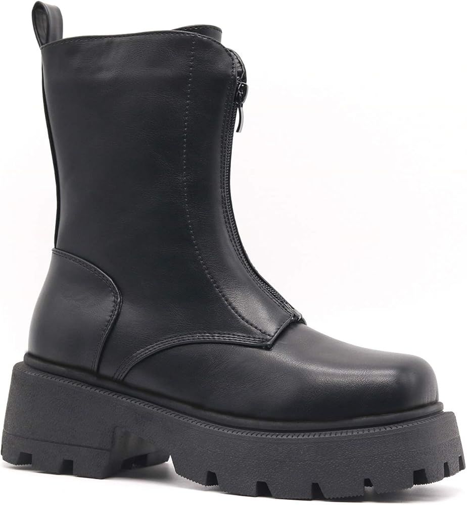 Women’s Black Platform Fashion Chunky Flat Ankle Boots Zipper Slip on Zipper up Chelsea Matte P... | Amazon (US)