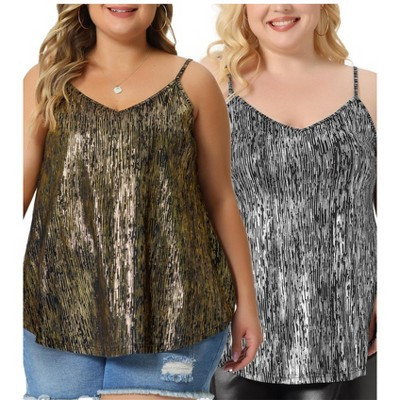 Agnes Orinda Women's Plus Size V Neck Spaghetti Strap Glitter Metallic Concert Party Packs Camisoles 1X Black Gold/Black Silver | Target