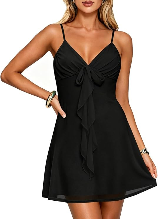 Bluetime Womens Sexy V Neck Sleeveless Mesh Spaghetti Strap Bow Short Dress Casual Flowy Cruise C... | Amazon (US)