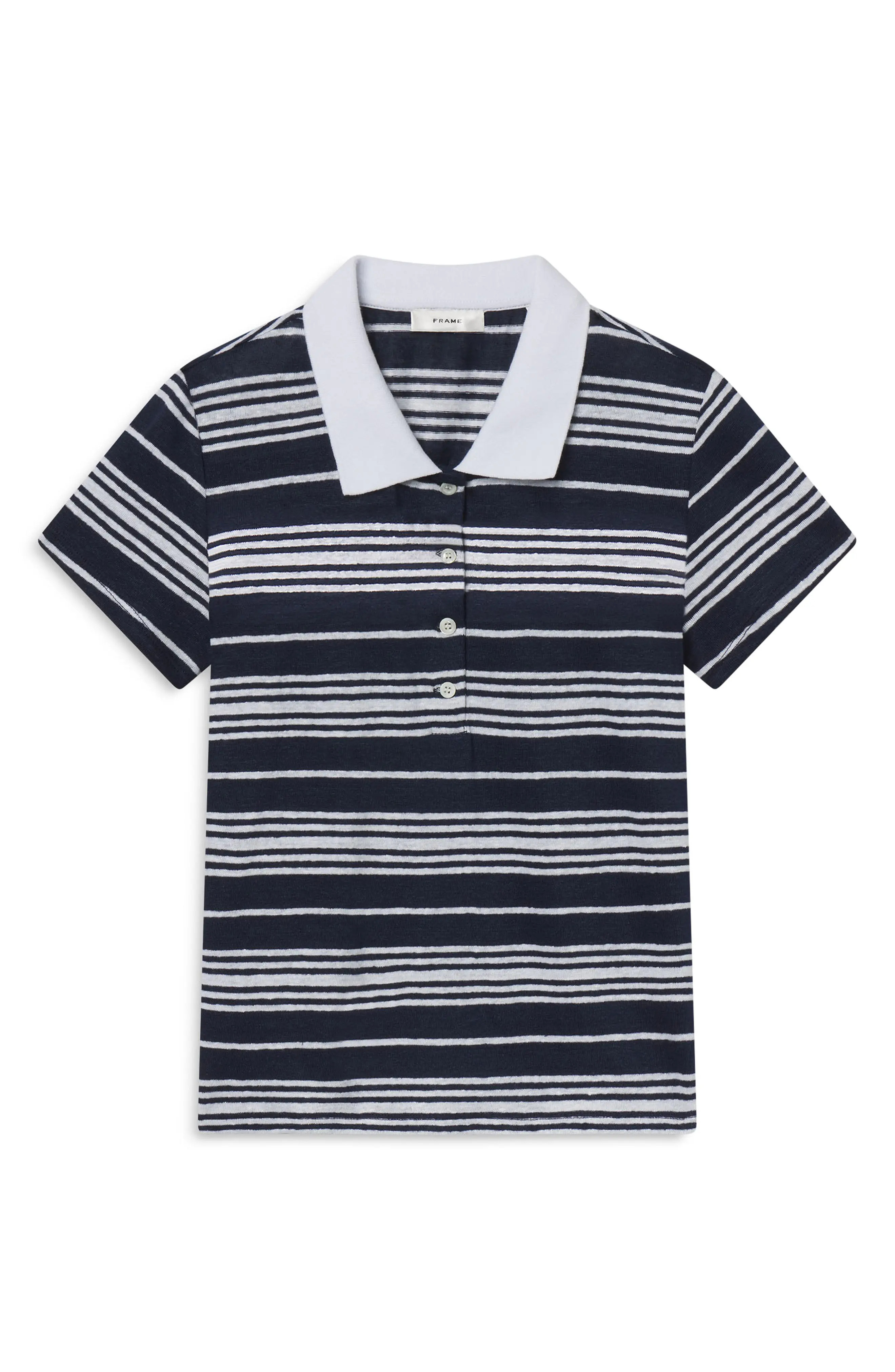 FRAME The Stripe Stretch Linen Polo Top in Navy Multi at Nordstrom, Size Small | Nordstrom