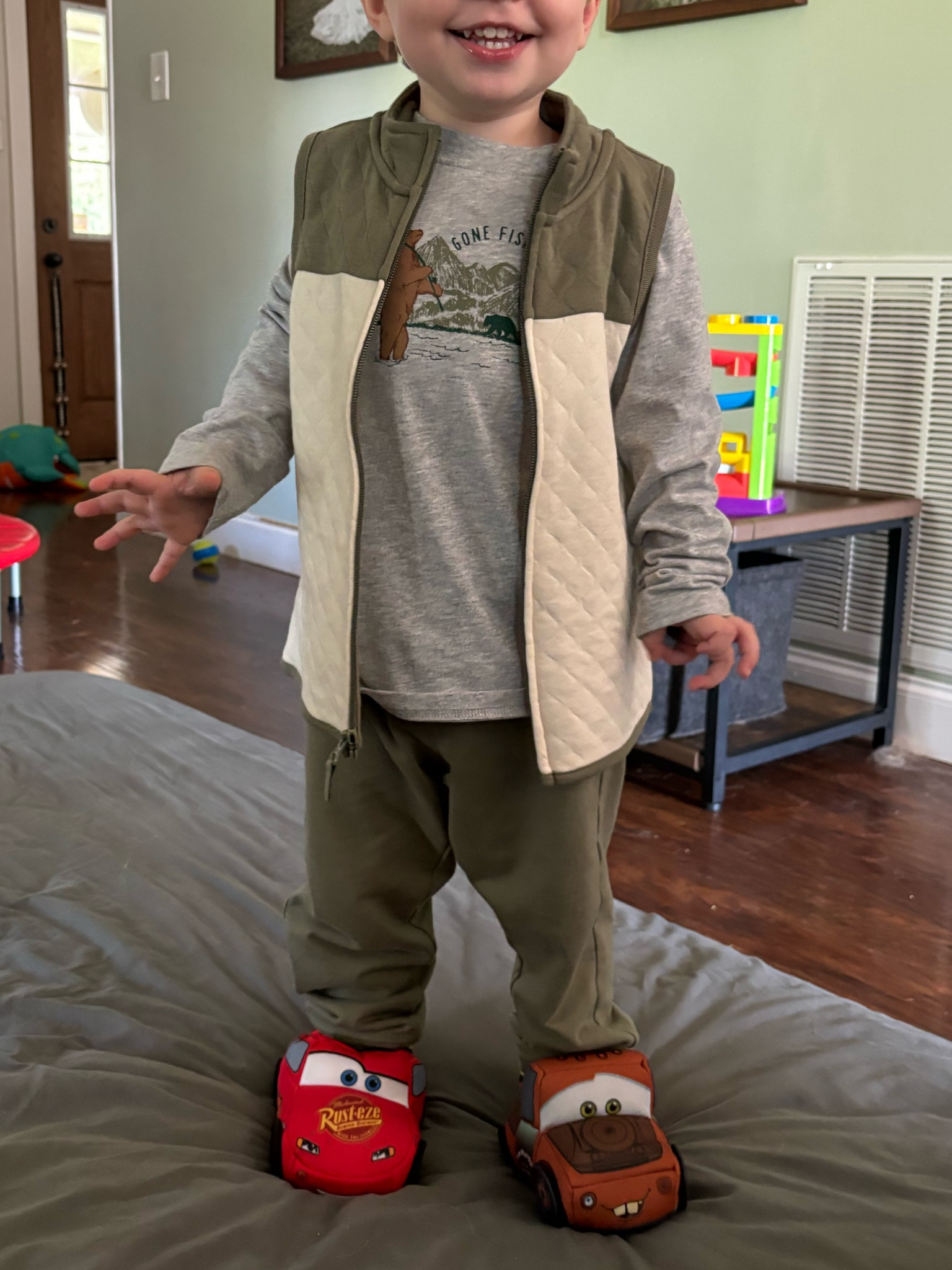 Hurricane movie night in the living room means mattress on the floor 🤪🫣 but Beau got these cutie Lighting McQueen and Mater slippers from Walmart today!

#LTKFamily #LTKKids #LTKBaby