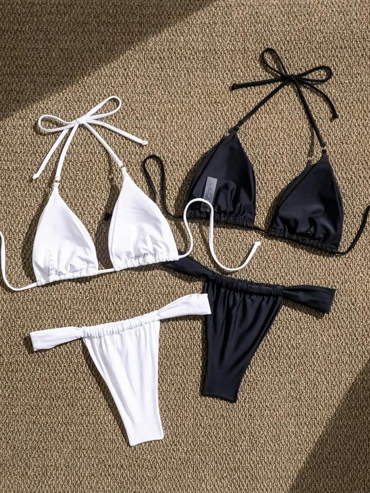 4pcs Women's Beach Outfits, Black & White Solid Color Tie Bikini, High-Quality Nylon Fabric, Fash... | SHEIN