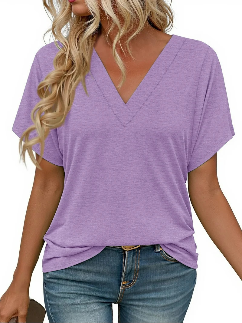 MOSHU Deep V Neck Womens Tops Curved Hem Shirts for Women Fashion Trendy Blouses Casual Loose Fit... | Walmart (US)