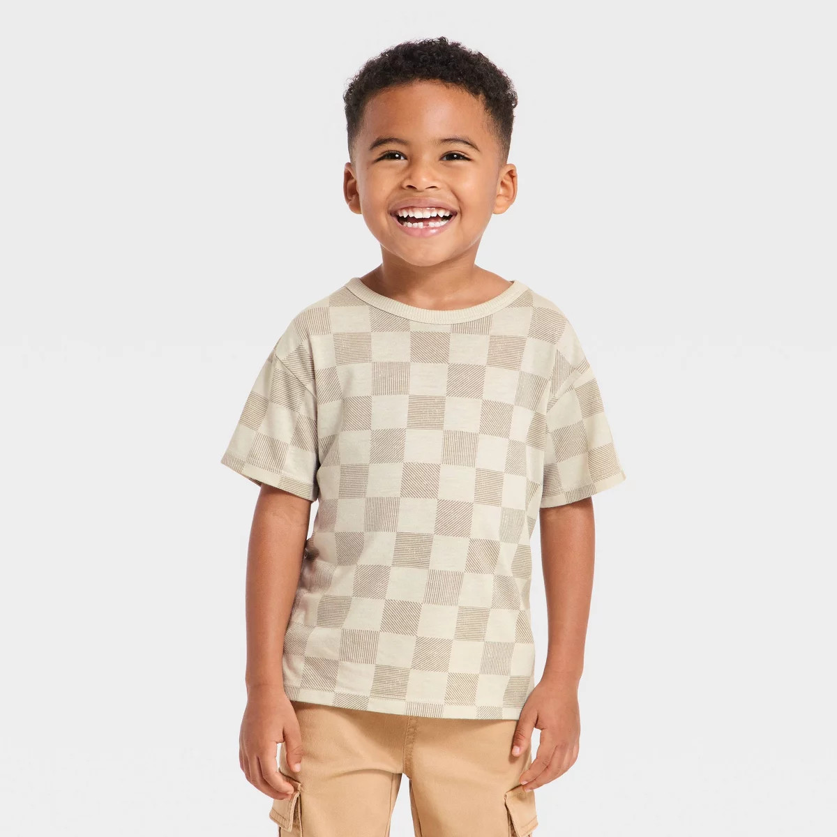 Toddler Boys' Checkered Stone Relaxed T-Shirt - Cat & Jack™ Light Brown 12M | Target