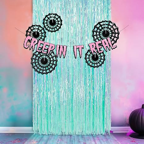 Cheerland Spider Web Backdrop Banner Spider Party Decorations Pastel foil Curtain Streamers Cobwe... | Amazon (US)