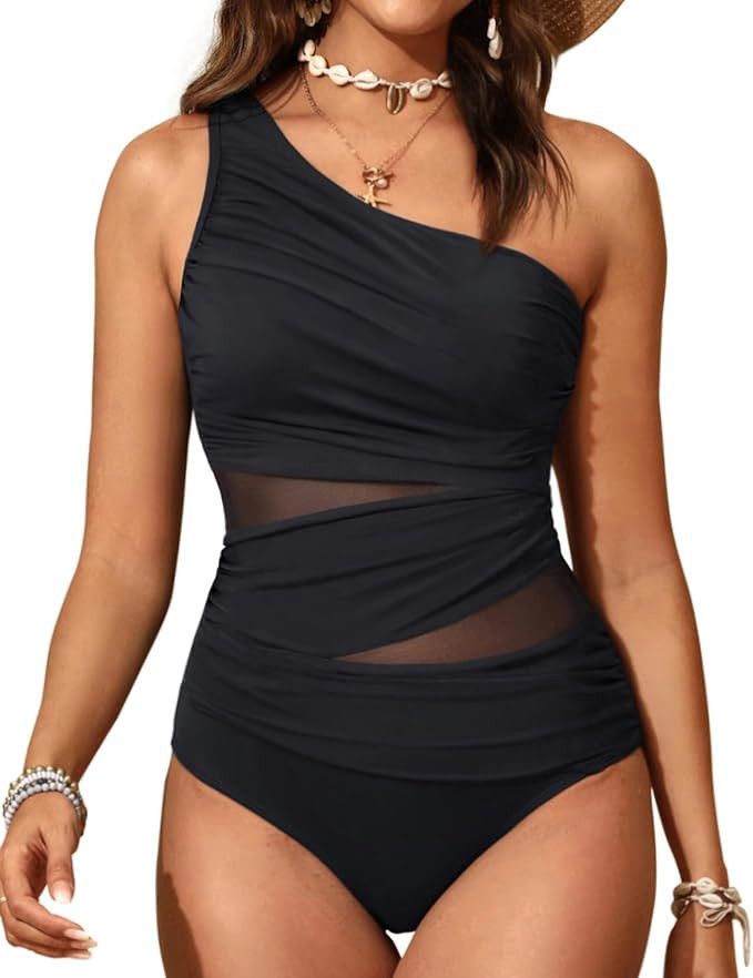 Aqua Eve Women Mesh One Piece Swimsuit - Tummy Control One Shoulder Bathing Suit Cut Out Swimwear... | Amazon (US)