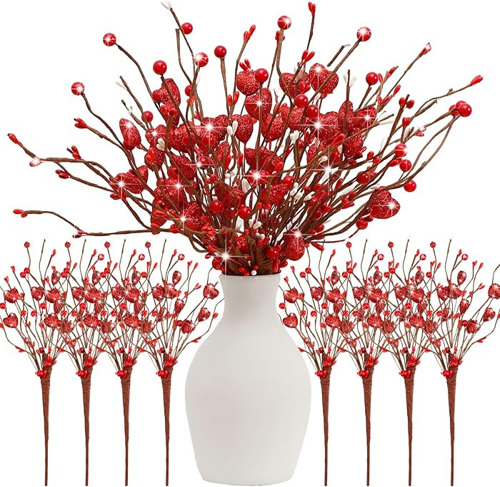 Lyrow 8 Pack Valentine's Day Artificial Glitter Berry Flower Stems Heart Shaped Berry Picks 16 In... | Amazon (US)