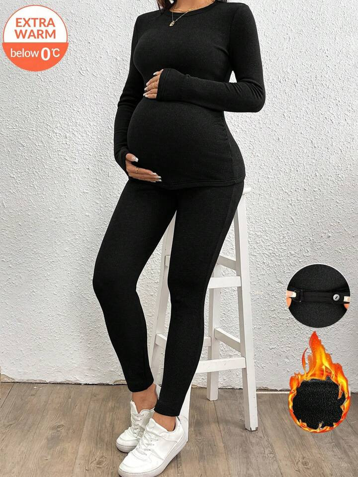 SHEIN Maternity Solid Color Round Neck Long Sleeve Simple Casual Top And Pants Thermal Thermal Li... | SHEIN