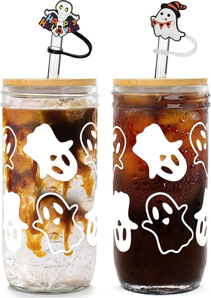 ANOTION Halloween Cups, Ghost Decor 24 oz Mug Mason Jar Glass Cups with Lids and Straws Ghost Tum... | Amazon (US)