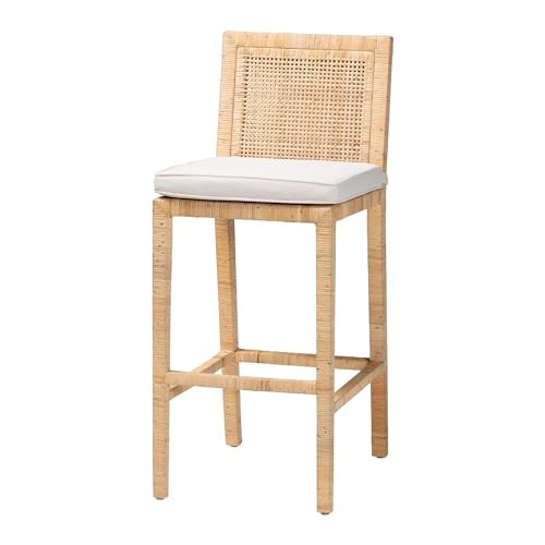 bali & pari Sofia Natural Rattan Bar Stool with Mahogany Wood Frame - Handwoven Wicker Seating with Removable Cushion, Bar Height, Natural | Amazon (US)
