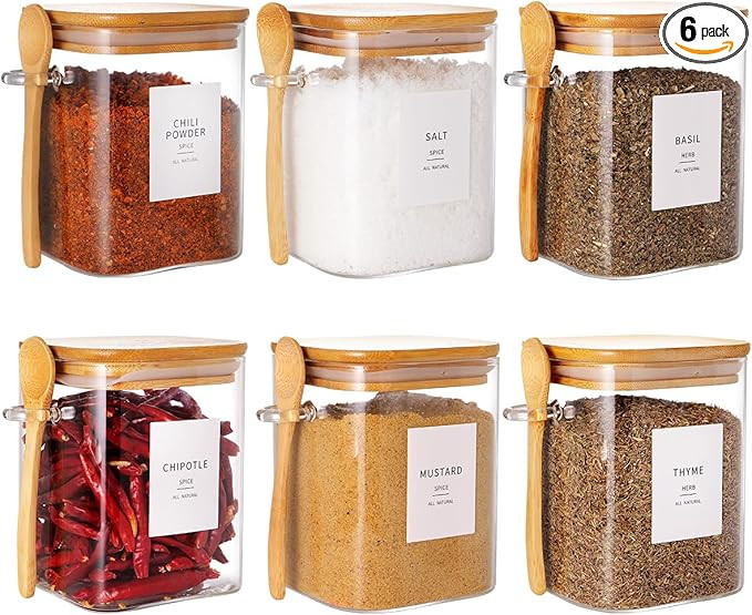 HHMJSM 6 Pcs Square Glass Jar with Bamboo Lid and Spoon - 27 oz Large Sugar Container with 148 Ki... | Amazon (US)