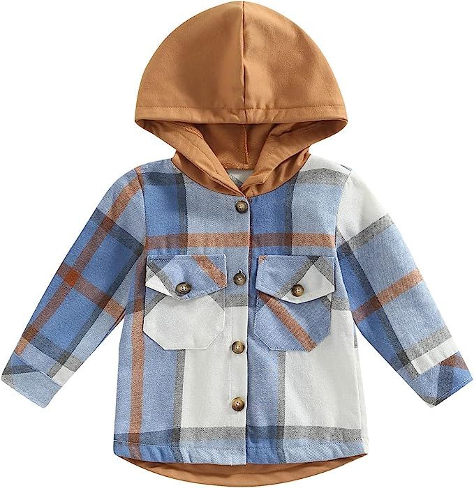 Kids Toddler Boys Girls Long Sleeve Button Down Hooded Plaid Shirt Hoodie Jacket Tops Coat Outwea... | Amazon (US)