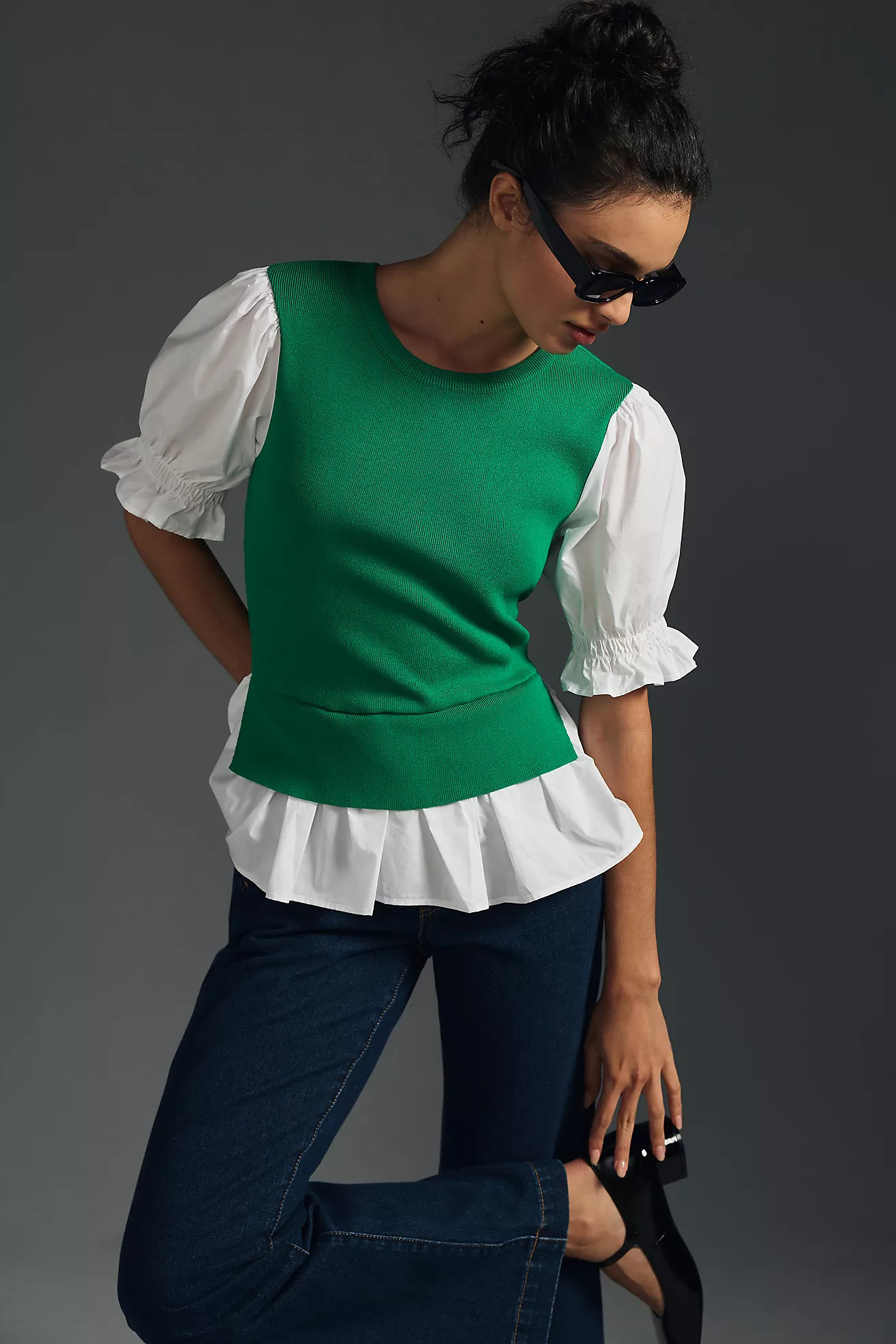 By Anthropologie Layered Poplin-Sleeve Sweater | Anthropologie (US)