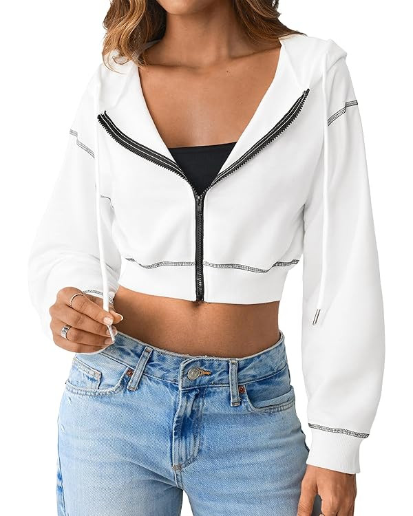 Remidoo Women's Zip Up Hoodie Cropped Sweatshirt Casual Contrast Trim Long Sleeve Tops | Amazon (US)