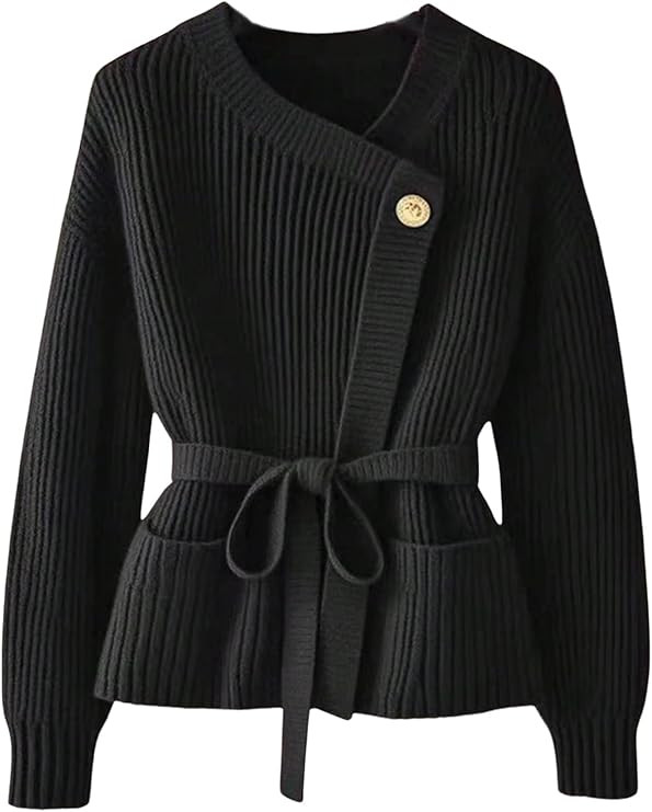SOLY HUX Women's Long Sleeve Cardigan Sweater Asymmetrical Neck Knit Belted Cardigans with Pocket... | Amazon (US)