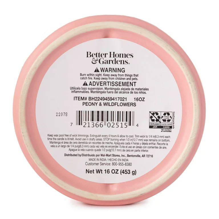 Better Homes & Gardens 16oz Peony & Wild Flowers Duo Scented 2-Wick Ceramic Candle | Walmart (US)