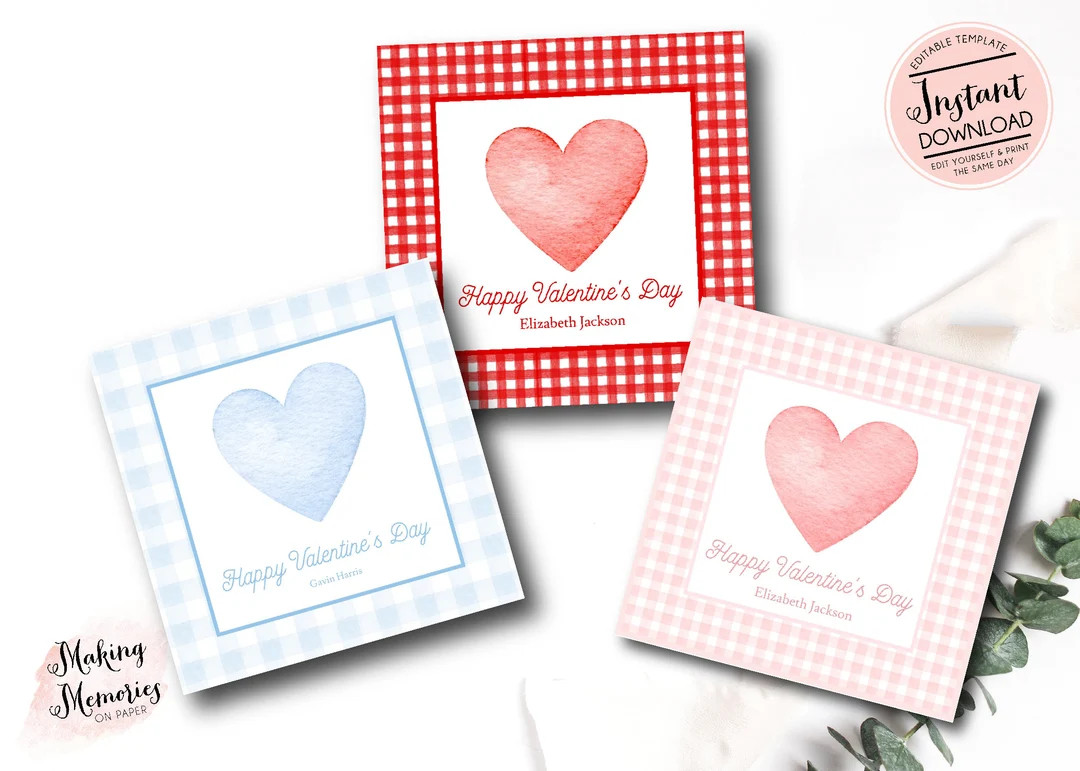 Printable Valentine Tags, Gingham Valentine Favor Tags, Preppy Girl Watercolor Valentine Tag, Sch... | Etsy (US)