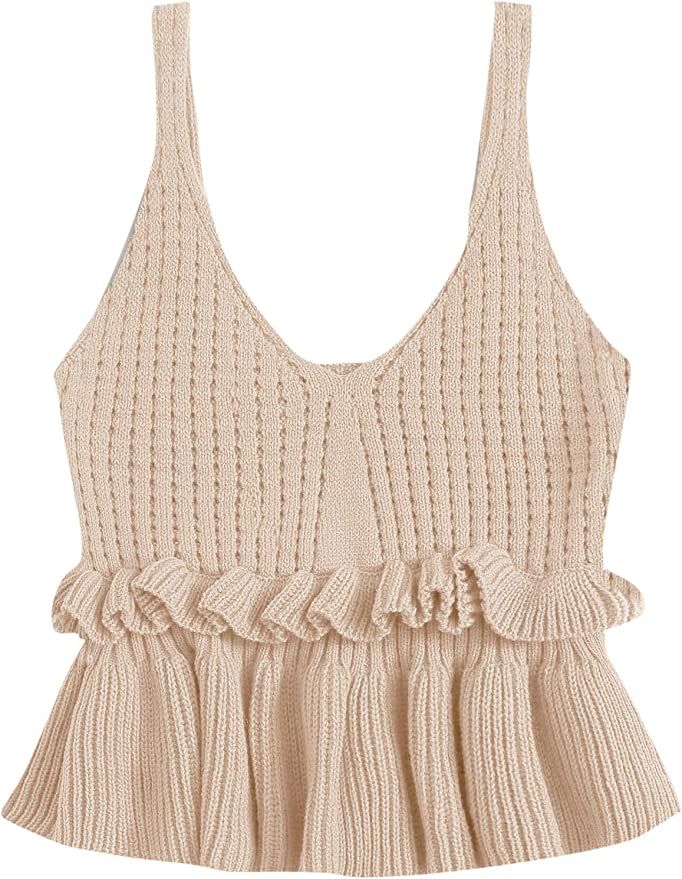 SweatyRocks Women's Casual Knit Top Sleeveless Ruffle Hem V Neck Peplum Crop Tank Top | Amazon (CA)