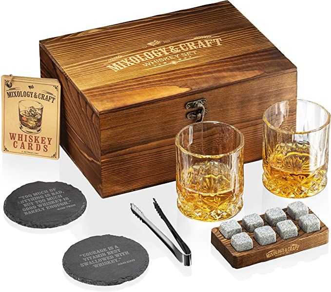 Whiskey Stones Gift Set for Men | Whiskey Glass and Stones Set with Wooden Box, 8 Granite Whiskey... | Amazon (US)