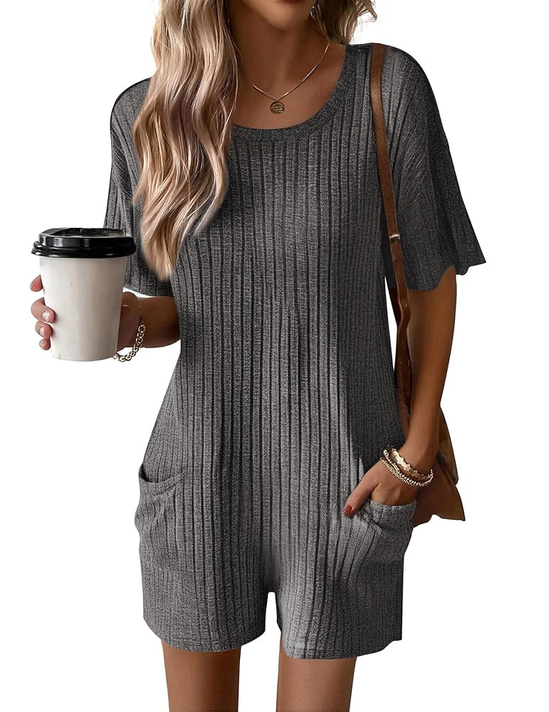 Ekouaer Rompers for Women Casual Ribbed Short Sleeve T-Shirt Tee Romper Summer Outfits with Pocke... | Amazon (US)