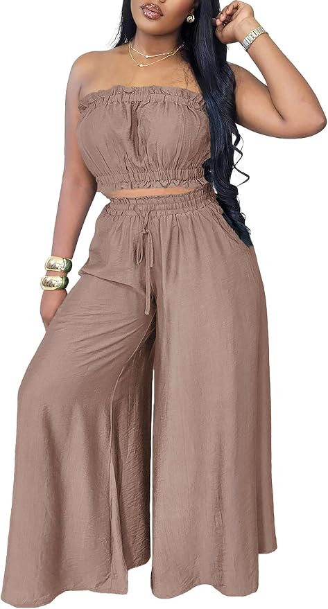 Two Piece Sets for Women Summer Outfits Crop Tops and Wide Leg Pants Sets Sexy Jumpsuits Vacation... | Amazon (US)