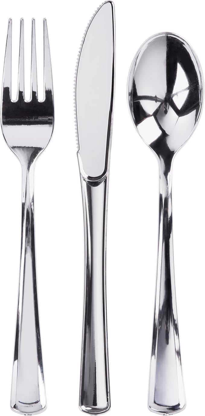 Prestee 300 Plastic Silverware Set - 100 Silver Plastic Cutlery - Plastic Silverware Heavy Duty B... | Amazon (US)